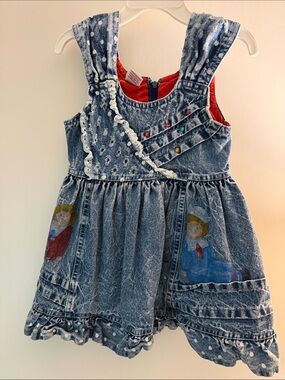 Hand painted Girls Denim Polka Dot Dress with Red Lining